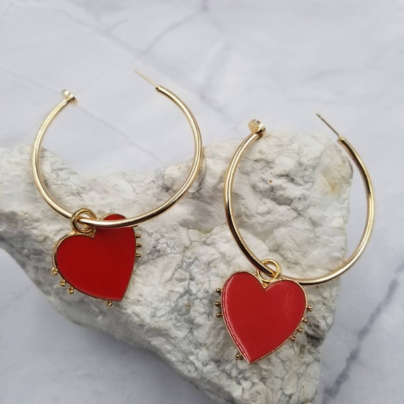 Large Red Enamel Heart Charm Gold Hoop Earrings - Picture 1 of 2